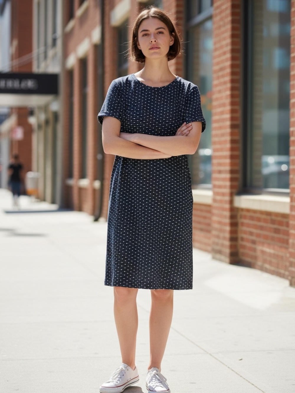 Everly Anthropologie Navy Blue Polka Dress Dot Soft Knit Shift Dress Size MED